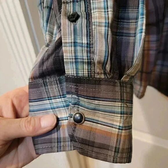 COASTAL MEN'S Black/Gray/White/Turquoise/Tan Plaid Cotton Blend Snap Front Shirt - Picture 7 of 11